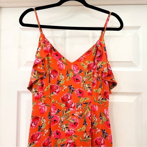Keepsake the Label For Me Gown Tangerine Orange Floral Ruffle Trim Satin Dress - Picture 8 of 11